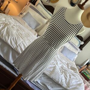 Striped navy  and White tank dress with key hole back detail